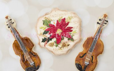 Antique Violins and Poinsettia Musical Note Sheet Cookies